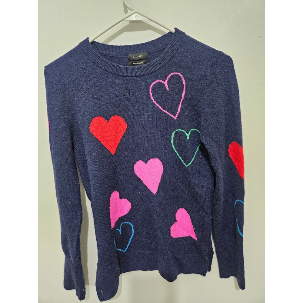 Halogen Women Navy Blue 100% Cashmere Heart Intarsia Crewneck Sweater XS FLAWED